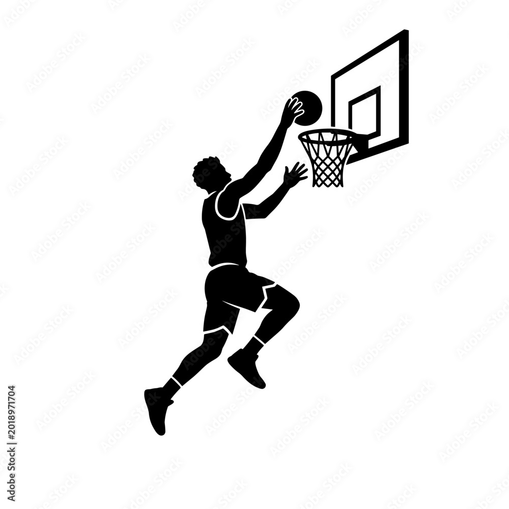 Obraz premium Silhouette of a basketball player in mid-air, performing a slam dunk with a basketball towards the hoop.