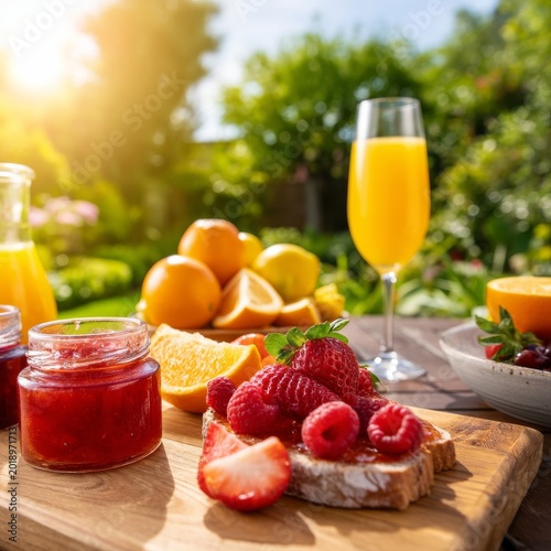 Enjoying Breakfast With Toast, Fruit, and Juice in a Sunny Garden in Spring