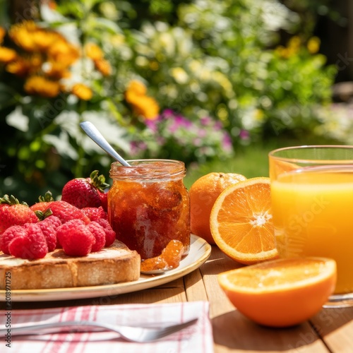 Enjoying Breakfast With Toast, Fruit, and Juice in a Sunny Garden in Spring