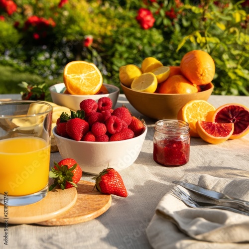 Fresh Fruits and Juice Are Served on a Table in a Garden During Warm Daytime ...