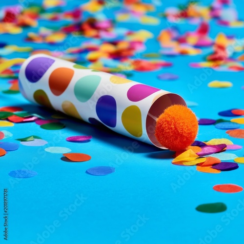 Colorful Confetti Bursts From a Party Popper on a Blue Background With Scatte...