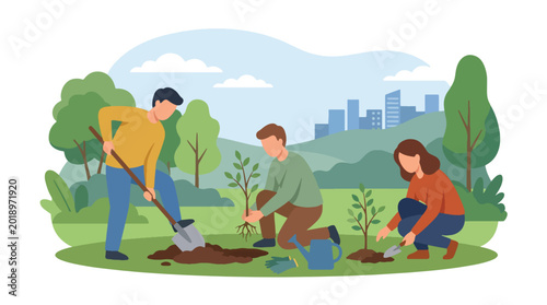Obraz na płótnie Modern flat vector illustration of diverse people planting trees together in urb