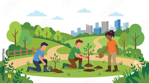 Tableau sur toile Modern flat vector illustration of diverse people planting trees together in urb