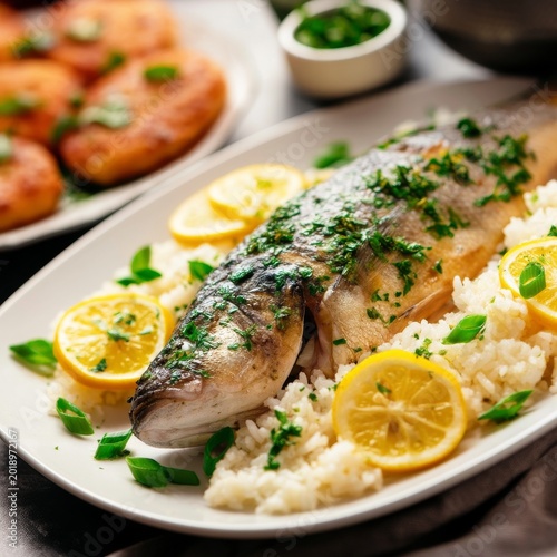 Delicious Fish Dish With Rice, Herbs, and Vegetables Served on a Plate
