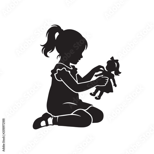 Bild auf Leinwand Silhouette of Little Girl Sitting and Playing with Doll