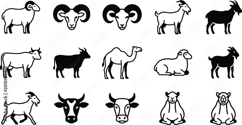 Obraz premium Livestock Icon Set: Sheep, Goat, Cow, and Camel Silhouettes for Eid and Farming Designs