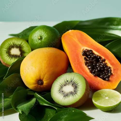 Fresh Fruit Arrangement on Green Leaves With Papaya, Kiwi, Lime, and Lemon in...