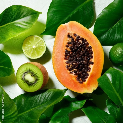 Fresh Fruit Arrangement on Green Leaves With Papaya, Kiwi, Lime, and Lemon in...
