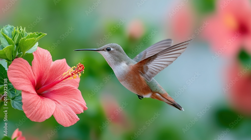 Naklejka premium Hummingbird Feeding on Vibrant Hibiscus Flower