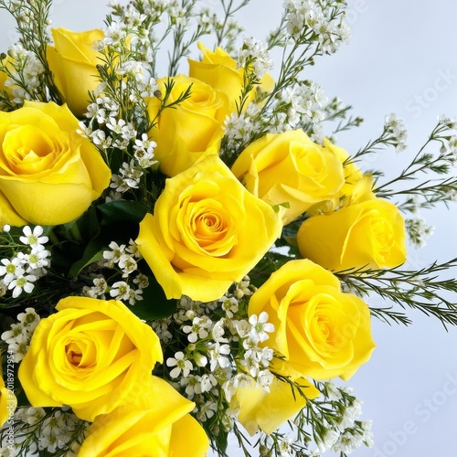 Bright Yellow Roses Arranged With White Flowers in a Bouquet on a Plain Backg...