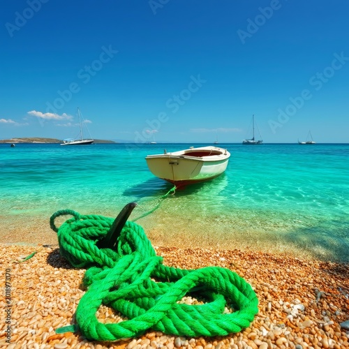 Small Boat Anchored on Clear Water Near a Beach With Green Rope on Shore