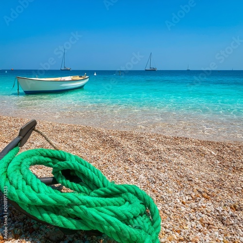 Small Boat Anchored on Clear Water Near a Beach With Green Rope on Shore