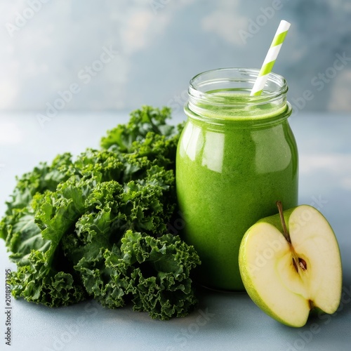 Green Smoothie With Kale and Apple on a Blue Background