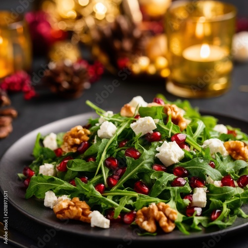 Salad With Arugula, Pomegranate, Walnuts, and Cheese on a Black Table During ...