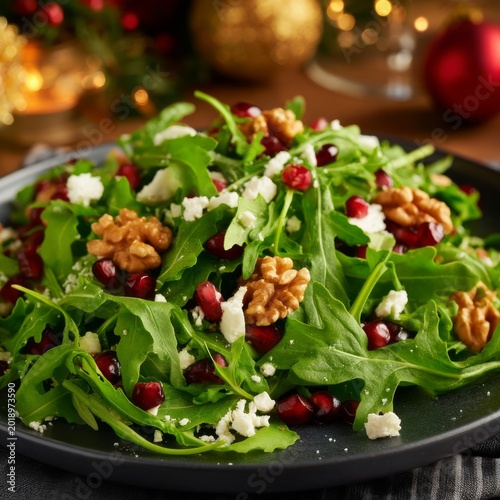Fresh Salad With Pomegranate, Walnuts, and Feta on a Dark Plate During Holida...