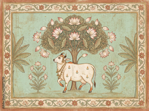 Pichhwai style Krishna painting wallpaper with sacred cows lotus flowers and pastel Mughal miniature art design for Indian wedding invitation card poster and banner