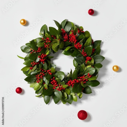 Unique Wreath Made of Green Leaves and Red Berries on a Simple Background Dur...