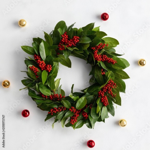 Holiday Wreath With Greenery and Red Berries Positioned on a Light Surface Wi...