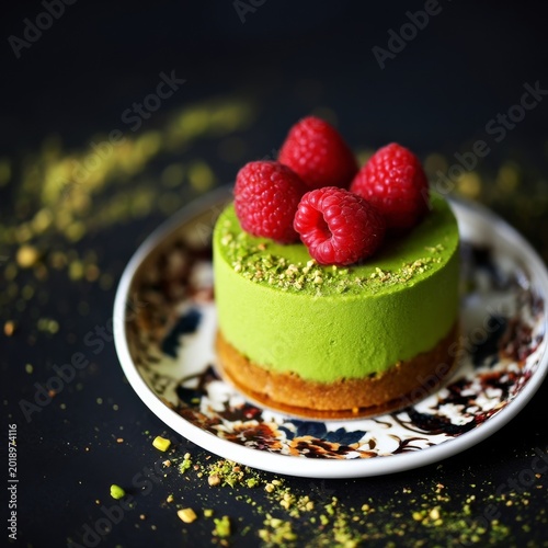 Delicious Green Dessert With Raspberries on Top Served on a Decorative Plate ...