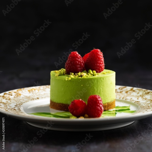 Delicious Green Dessert With Raspberries on Top Served on a Decorative Plate ...