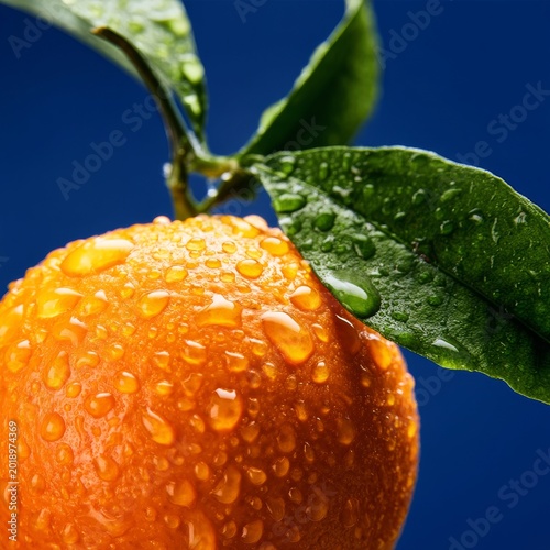 Fresh Orange With Water Droplets Hangs From Green Leaves Against a Blue Backg...