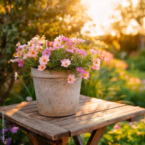 Flower Arrangement in a Pot on a Wooden Table During Sunset in a Garden Setting