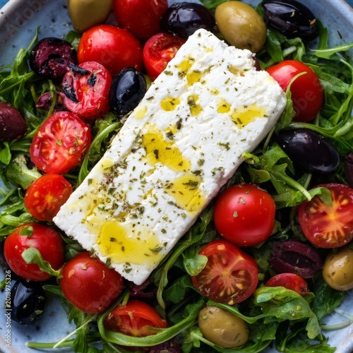 Fresh Salad With Olives, Tomatoes, and Feta Cheese on a Plate in the Kitchen