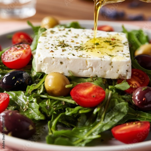 Fresh Salad With Feta Cheese and Olives Served at a Table During Lunch