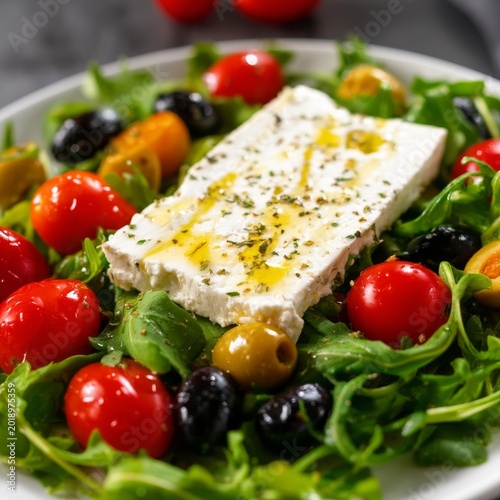 Fresh Salad With Feta Cheese and Olives Served at a Table During Lunch