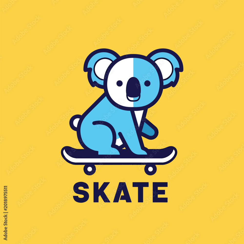 Naklejka premium Cute cartoon blue koala riding a skateboard with text.