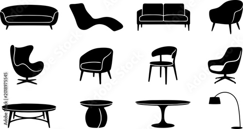 Fotografie Set of modern furniture icons displaying various styles of sofas chairs tables a