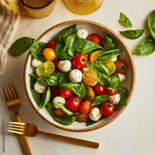Fresh Salad With Tomatoes, Basil, and Mozzarella Served in a Bowl on a Wooden...