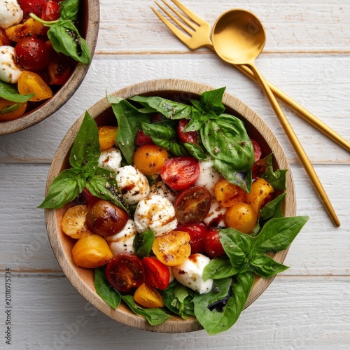 Fresh Salad With Tomatoes, Basil, and Mozzarella Served in a Bowl on a Wooden...