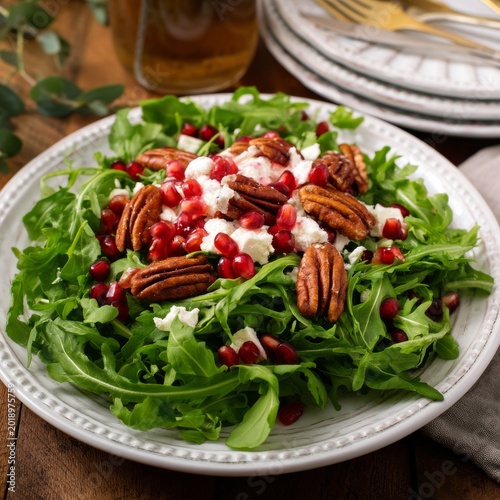 Fresh Salad With Arugula, Pecans, Pomegranate, and Cheese Served on a Wooden ...