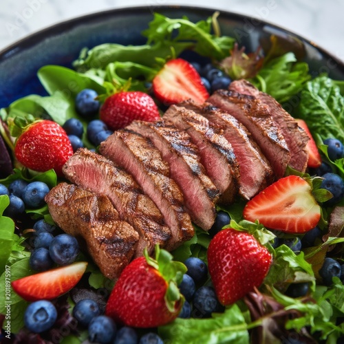 Fresh Salad With Sliced Steak and Berries on a Plate