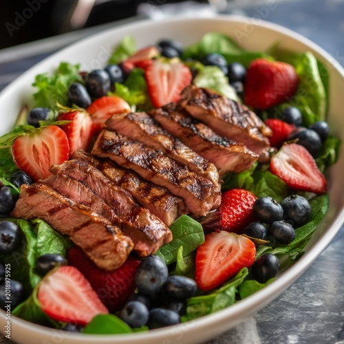 Fresh Salad With Sliced Steak and Berries on a Plate