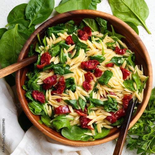 Orzo Salad With Spinach and Sun-Dried Tomatoes Served in a Wooden Bowl
