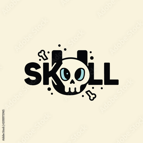 Creative skull typography logo design with cartoon illustration and bones.