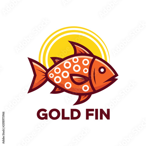 Creative stylized fish logo design with circular patterns and sun background.