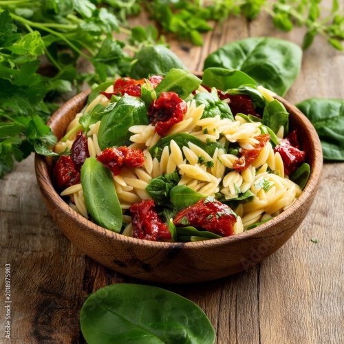 Pasta Salad With Sun-Dried Tomatoes and Fresh Spinach in a Wooden Bowl on a R...