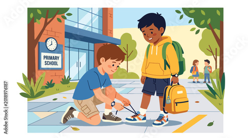 Foto Modern flat vector illustration of young boy helping friend tie shoelaces before