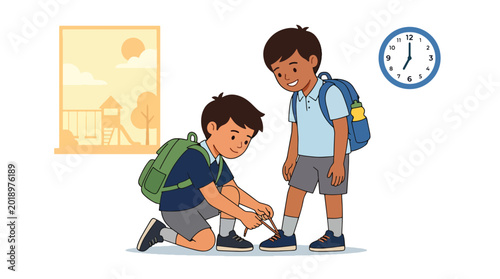 Foto Modern flat vector illustration of young boy helping friend tie shoelaces before