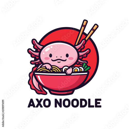 Cute axolotl character eating delicious ramen noodle bowl mascot logo design.