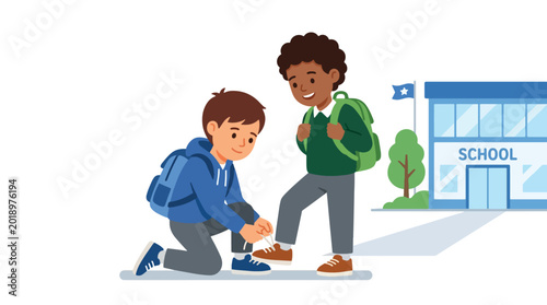 Quadro su tela Modern flat vector illustration of young boy helping friend tie shoelaces before