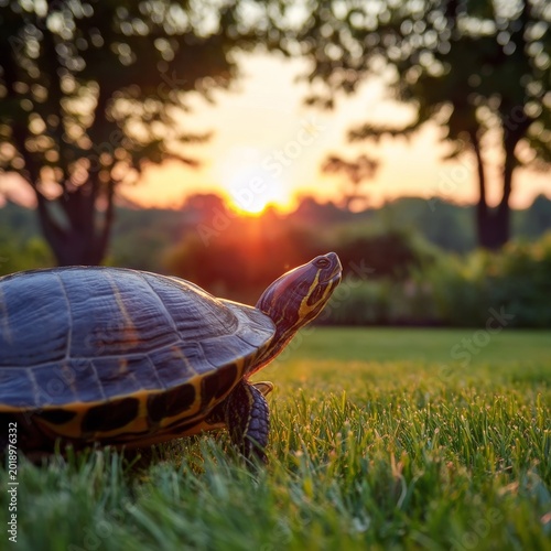 Turtle Walks on Green Grass Under a Sunset in a Park During Evening Hours
