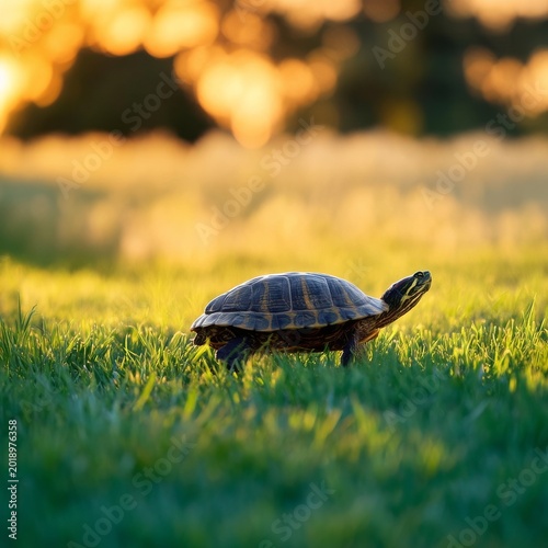Turtle Walks on Green Grass Under Sunset Light in a Natural Setting