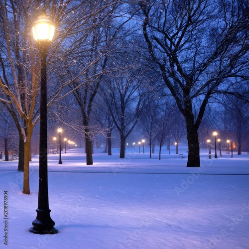 Snowy Park at Night With Streetlight Illuminating the Surroundings
