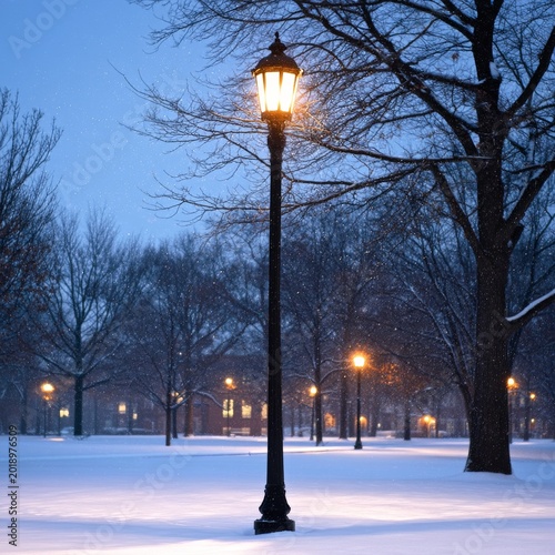 Snow Covers the Ground as Street Lamps Light up a Park in the Evening
