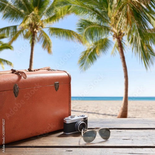 Bright Beach Scene With Camera and Sunglasses on Suitcase Near Palm Trees