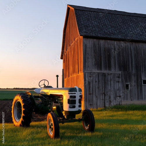 Tractor Parked Near a Barn at Sunset on a Farm Field in Rural Area